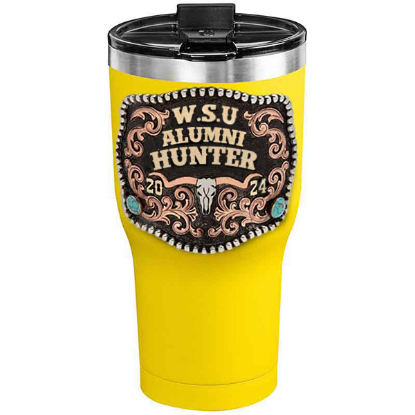 A customized tumbler made of stainless steel with a personalized engraved initials and Alumni Hunter lettering, 30 oz, ideal for coffee or cool drinks